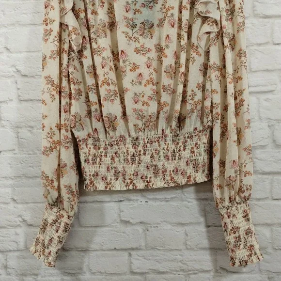 O Forever 21 Cream Wildflower Neck Tie Smocked Cropped Long Sleeve Top NWT M - Picture 13 of 13